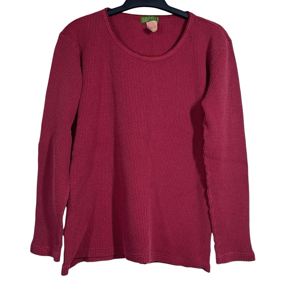 Vintage ESPRIT Waffle Knit‎ Top Womens L Burgundy 100% Cotton Y2K USA Made